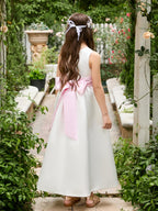 Vestido de fiesta para niña de las flores de satén color marfil con lazo | Vestido de tul hasta los tobillos (010007314) 