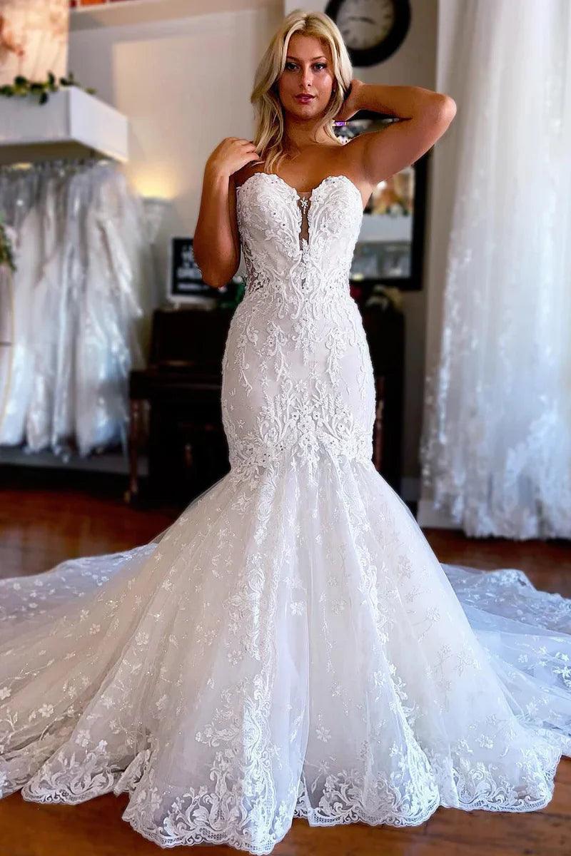 Vestido de novia sirena blanco brillante con mangas largas desmontables y encaje