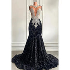 Glamouröses und dramatisches Mermiad Abendkleid mit tiefem V-Ausschnitt, ärmellos und Pailletten