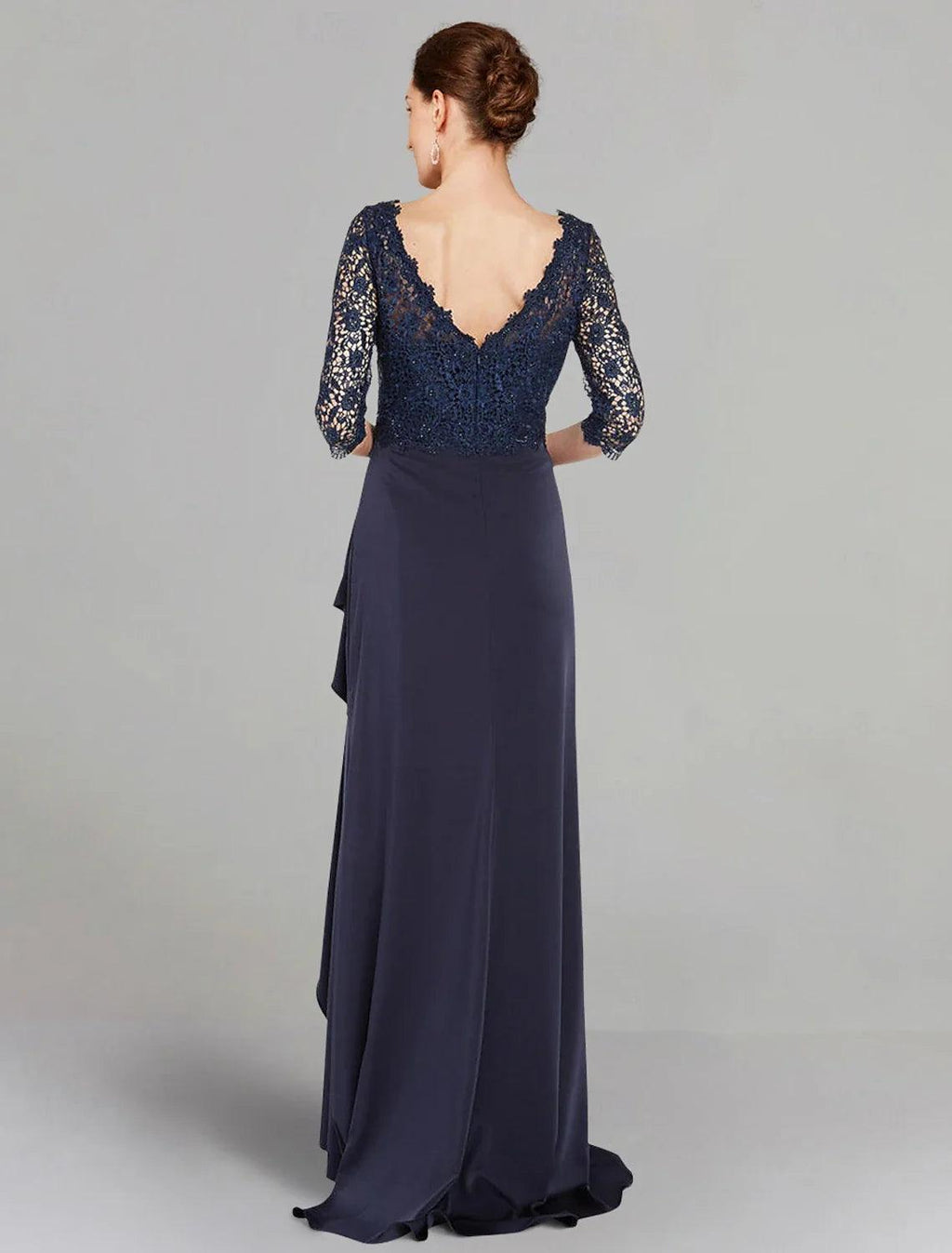 Mother of the Bride Dress Elegant V Neck Floor Length Stretch Chiffon Sleeve with Lace Pleats