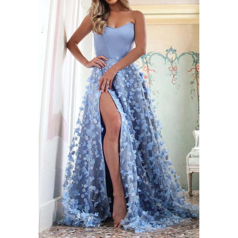 Vestido de fiesta largo de tul con apliques, sin tirantes y cordones, corte A y abertura