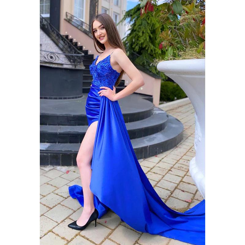 V-Neck Spaghetti Straps Appliqued Ruched Satin Sheath Long Prom Evening Dress