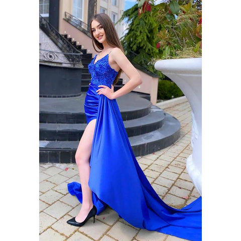 V-Neck Spaghetti Straps Appliqued Ruched Satin Sheath Long Prom Evening Dress