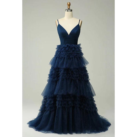V-Neck Spaghetti Straps Ruched Tulle A-Line Long Homecoming Court Dress