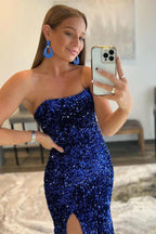 Vestido de fiesta sirena sin tirantes con lentejuelas largo con abertura