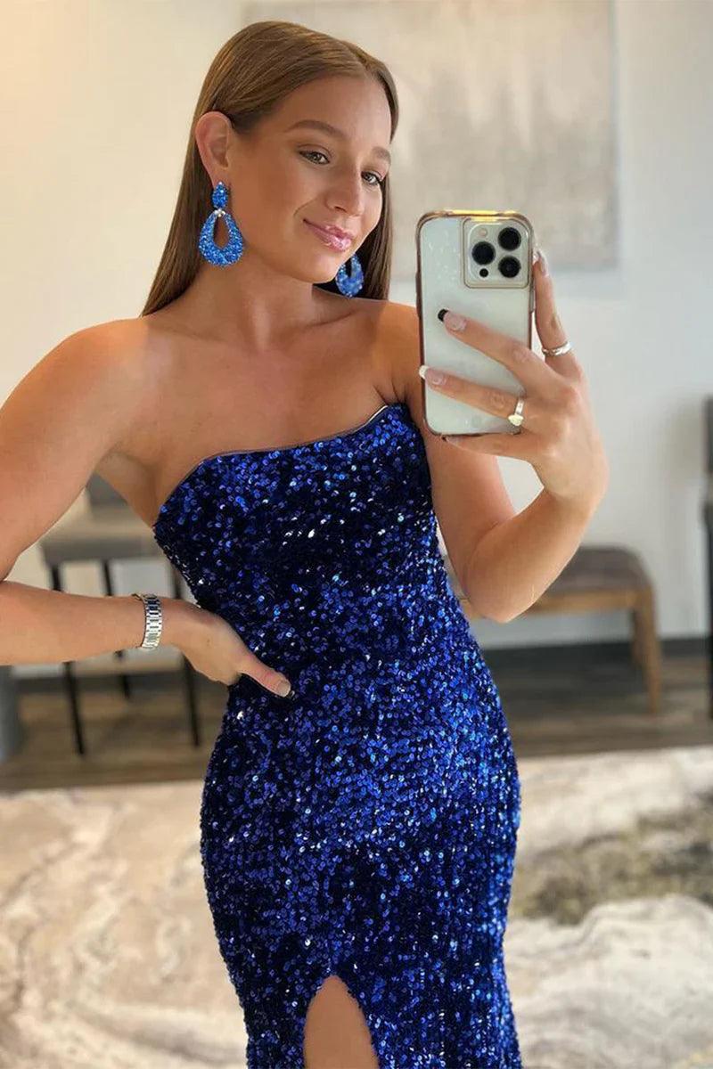 Vestido de fiesta sirena sin tirantes con lentejuelas largo con abertura