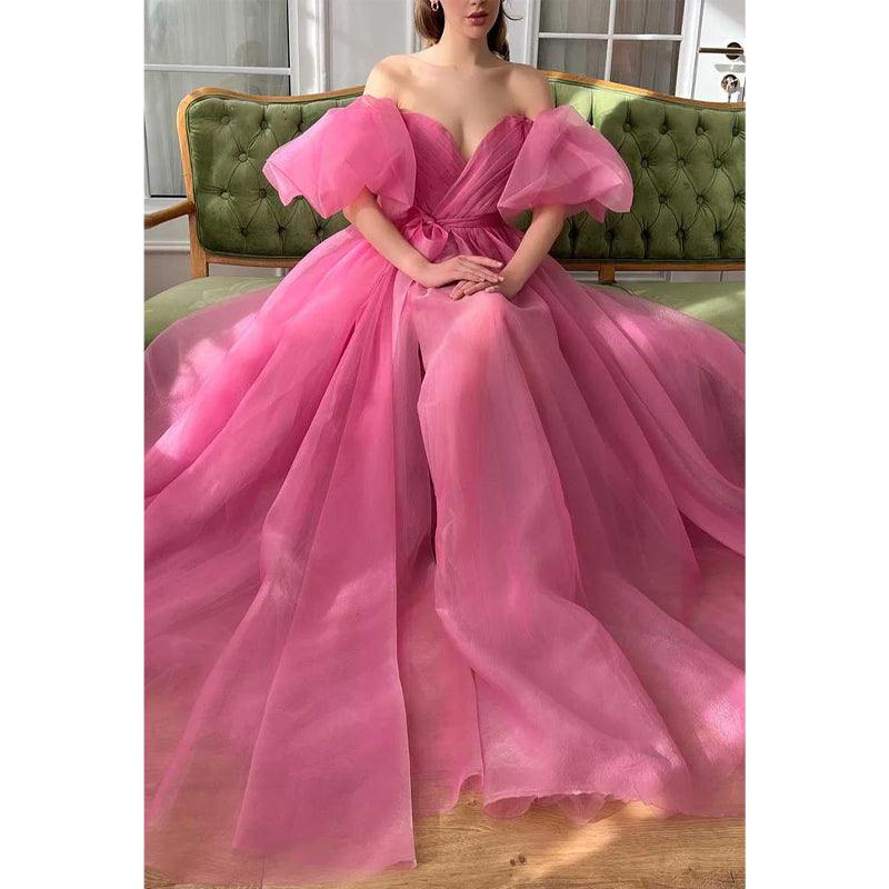 Vestido de noche de fiesta de graduación con escote en V, mangas abullonadas, corte A de tul y abertura lateral 
