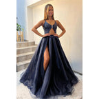 Tiefer V-Ausschnitt, Illusion-Pailletten, A-Linie, langes, funkelndes Pro-Kleid mit Schlitz