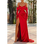 Vestido de noche formal largo rojo de satén plisado con escote en V y abertura lateral 