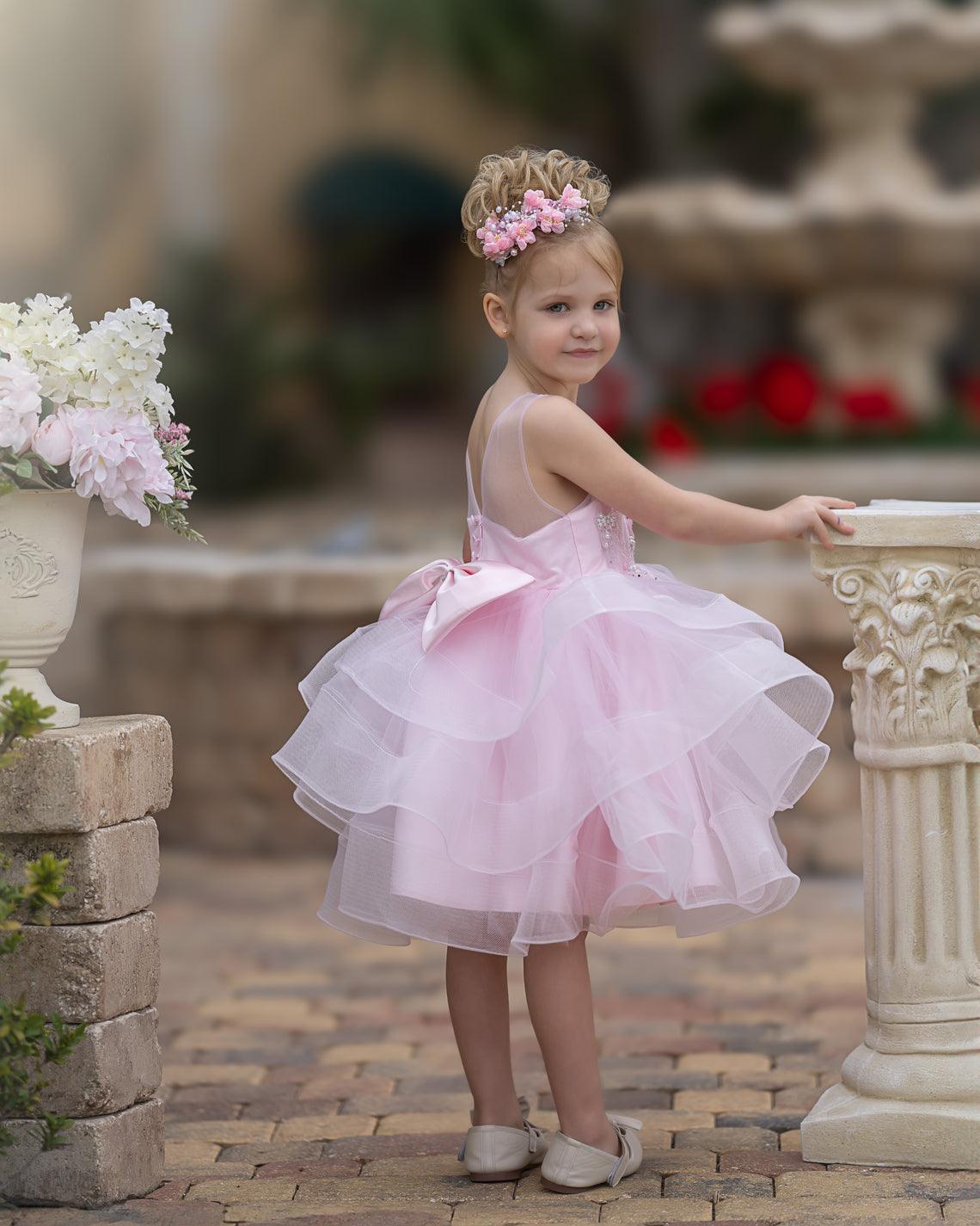 Elegante vestido rosa hasta la rodilla para niña de las flores con apliques florales 