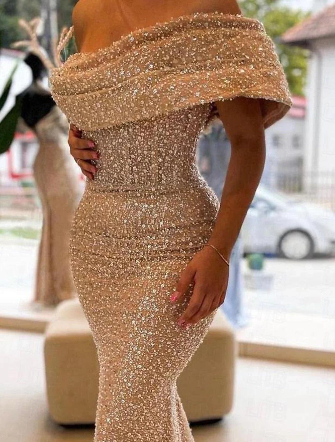 Mermaid Gown Elegant Formal Floor Length Sleeveless Off Shoulder Sequined with Sequin Evening Dress