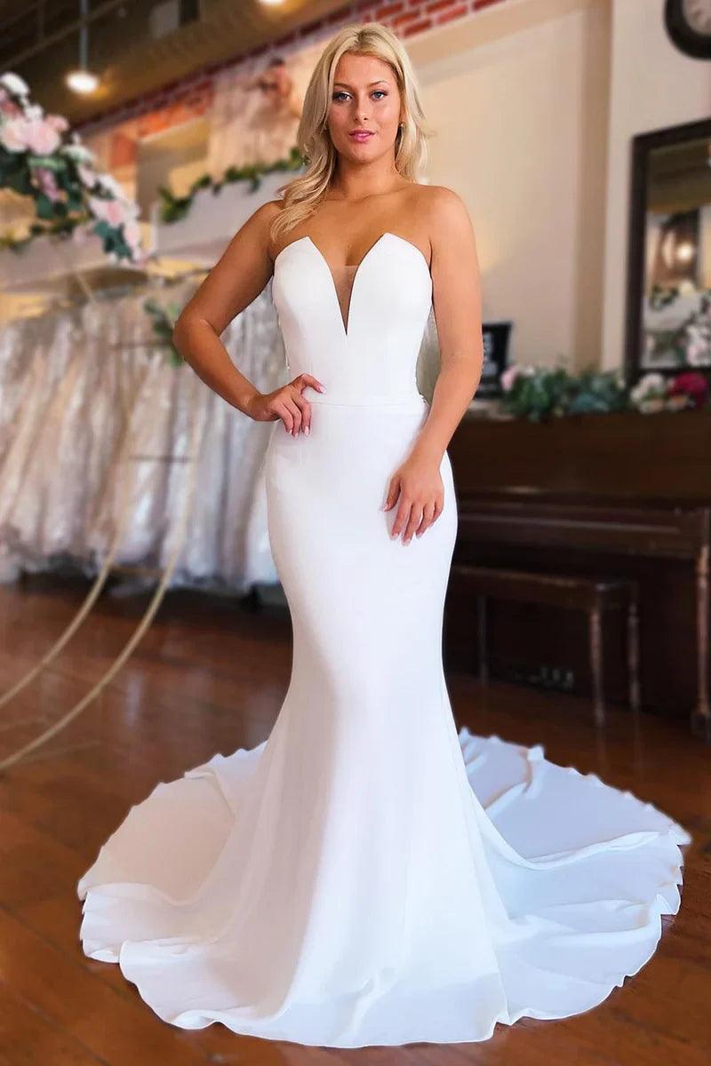 Vestido de novia sencillo blanco sirena satén largo sin mangas