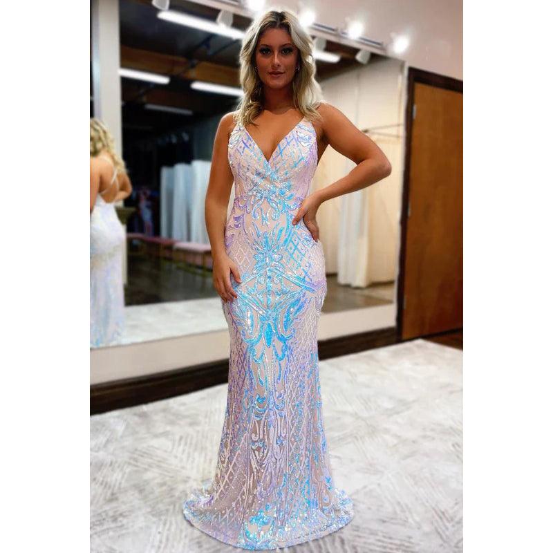 Glamouröses und dramatisches rückenfreies Abend- und Ballkleid mit V-Ausschnitt, Spaghettiträgern und Pailletten