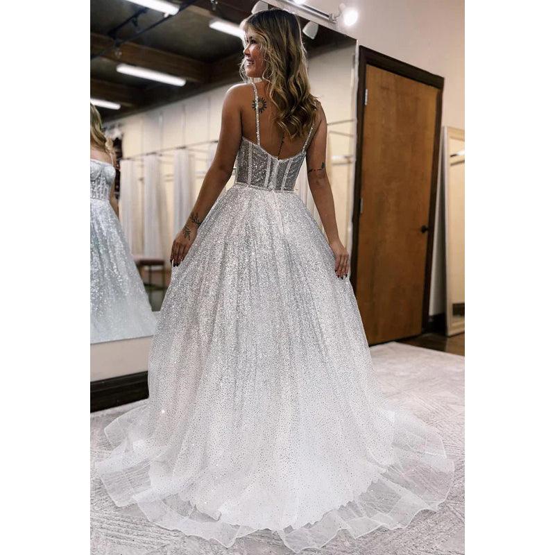 Vestido de noche largo de tul con lentejuelas y cuentas, tirantes finos y brillantes, corte A