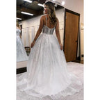 Vestido de noche largo de tul con lentejuelas y cuentas, tirantes finos y brillantes, corte A