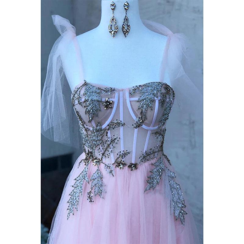 Vestido de fiesta de graduación de corte A con cuentas de tul rosa y escote corazón 