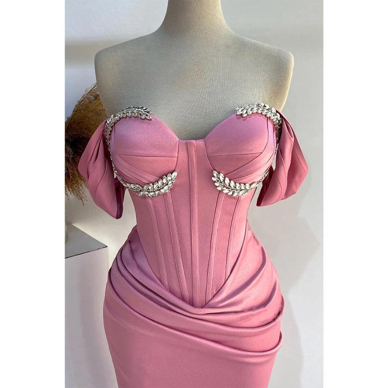 Sweetheart Off-shoulder Beaded Ruched with Side Slit Party Prom Evening Dress