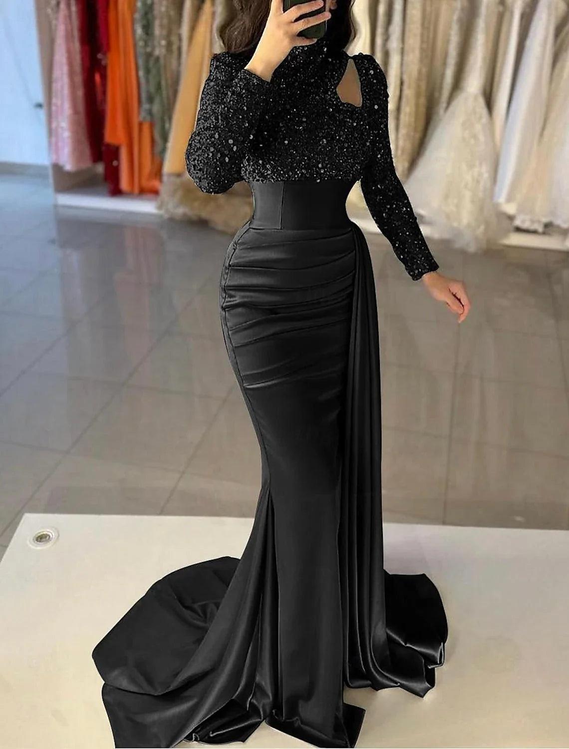 Meerjungfrauenkleid, elegantes formelles Abendkleid mit Schleppe, langen Ärmeln, hohem Halsausschnitt, Satin mit Perlen und Pailletten