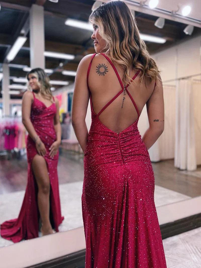Vestido de fiesta sirena escote en V jersey brillante largo con abertura