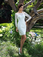 Vestidos de novia columna escote redondo mangas largas encaje corto