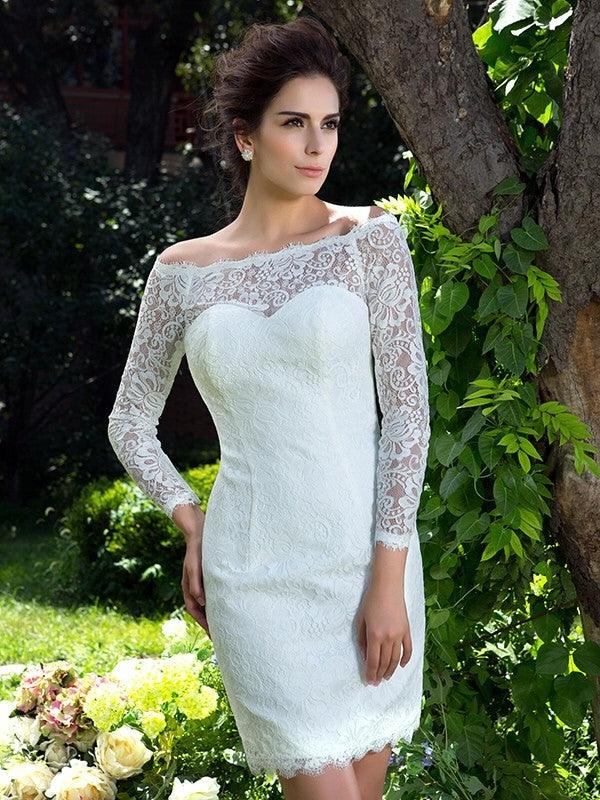 Vestidos de novia columna escote redondo mangas largas encaje corto