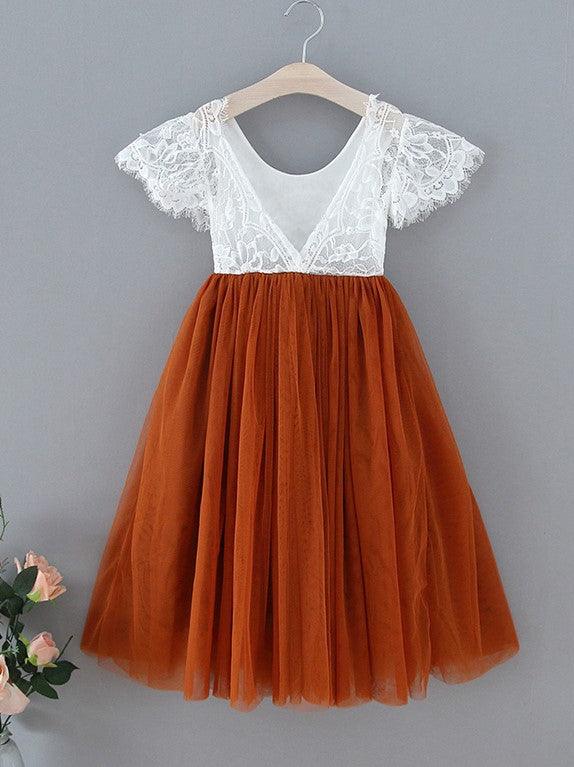 Vestido bohemio de encaje naranja quemado hasta los tobillos para niña de las flores 
