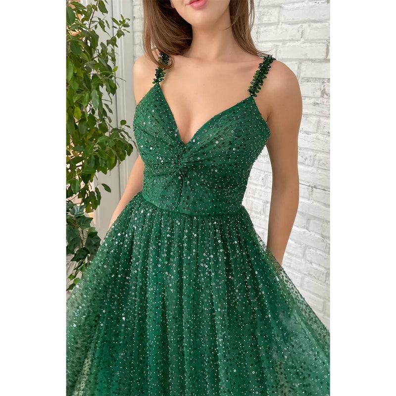 Vestido de fiesta largo verde brillante con lentejuelas y tirantes finos para mujer con bolsillos 