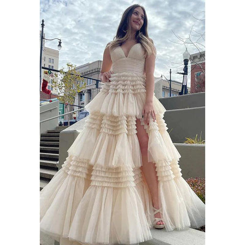 V-Neck Spaghetti Straps Ruched Tulle A-Line Long Homecoming Court Dress