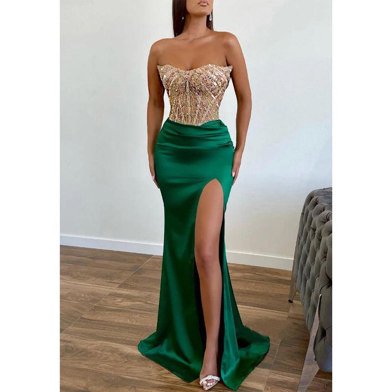 Vestido de noche para fiesta, graduación, sin tirantes, ajustado, con apliques de cuentas y abertura lateral 