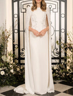 Vestido de noche elegante de gasa elástica con cristales, sin mangas, con cuello joya y capas para invitados de boda, para fiesta de bodas
