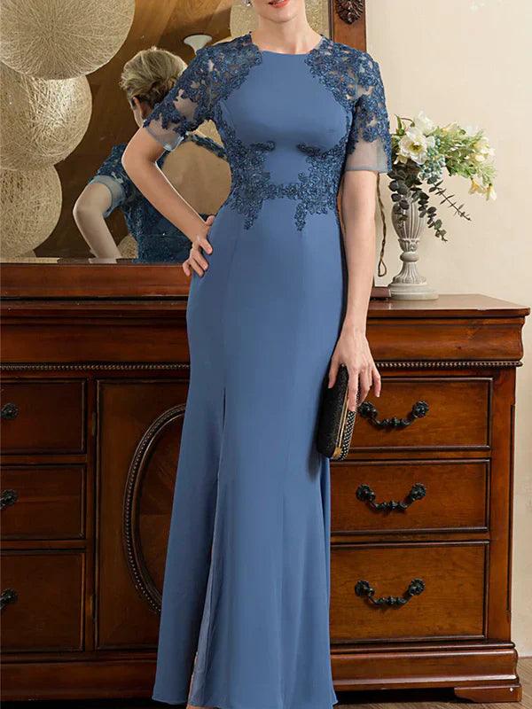Vestidos de madre de la novia, corte trompeta, mangas cortas, largo hasta el tobillo con abertura