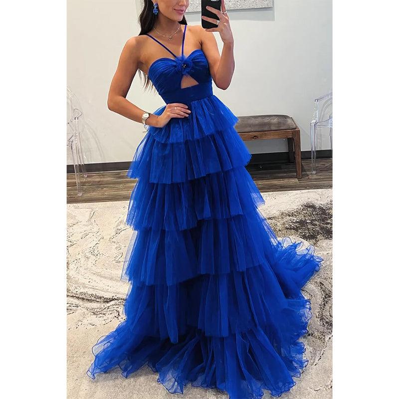 Tüll A-Linie Neckholder Empire Stufenkleid mit Schleppe Party Ball Abendkleid 