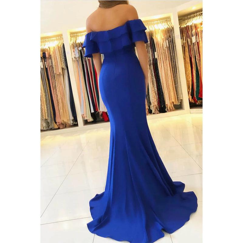 Vestido de noche formal de sirena con abertura alta y hombros descubiertos en satén azul real 