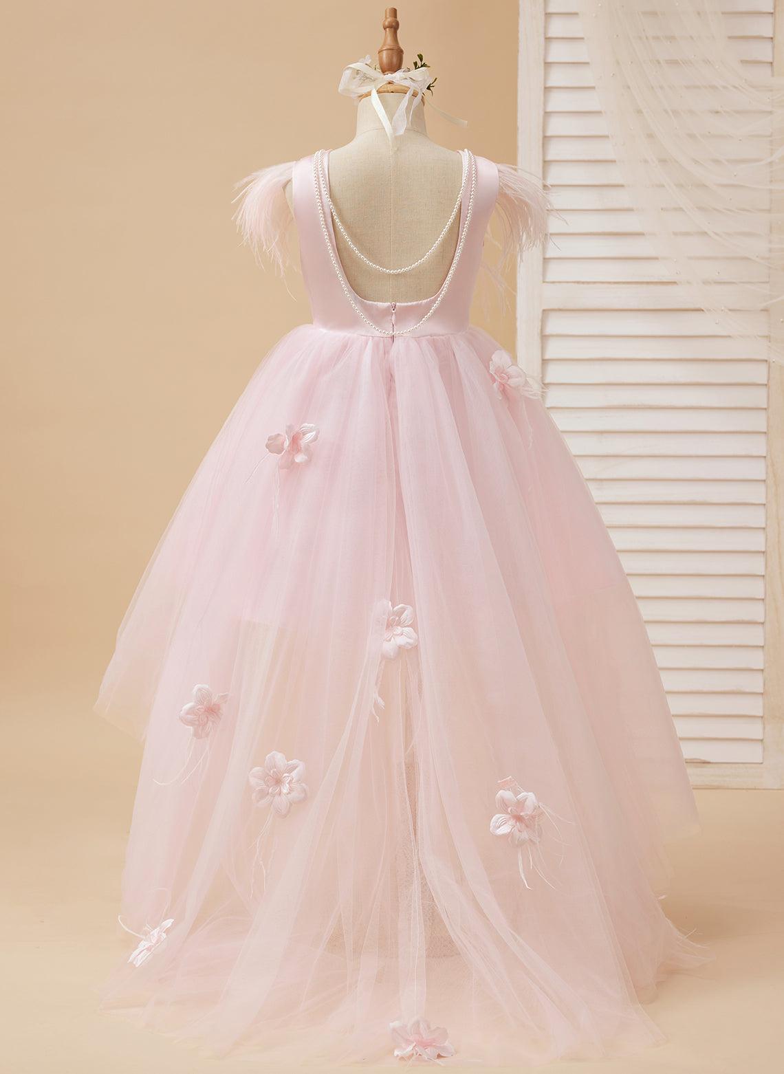 Vestido de princesa sin mangas de tul para niña de las flores con cuentas y lazo de plumas (010224704) 