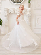Vestido de princesa para primera comunión de niña de las flores, color marfil, con cola desmontable 