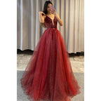 Vestido de fiesta largo de corte A con escote en V pronunciado, apliques de tul y falda desmontable 