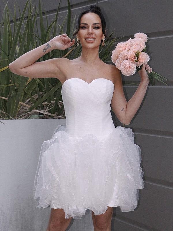 Vestidos de novia princesa organza fruncido escote corazón sin mangas corto/mini