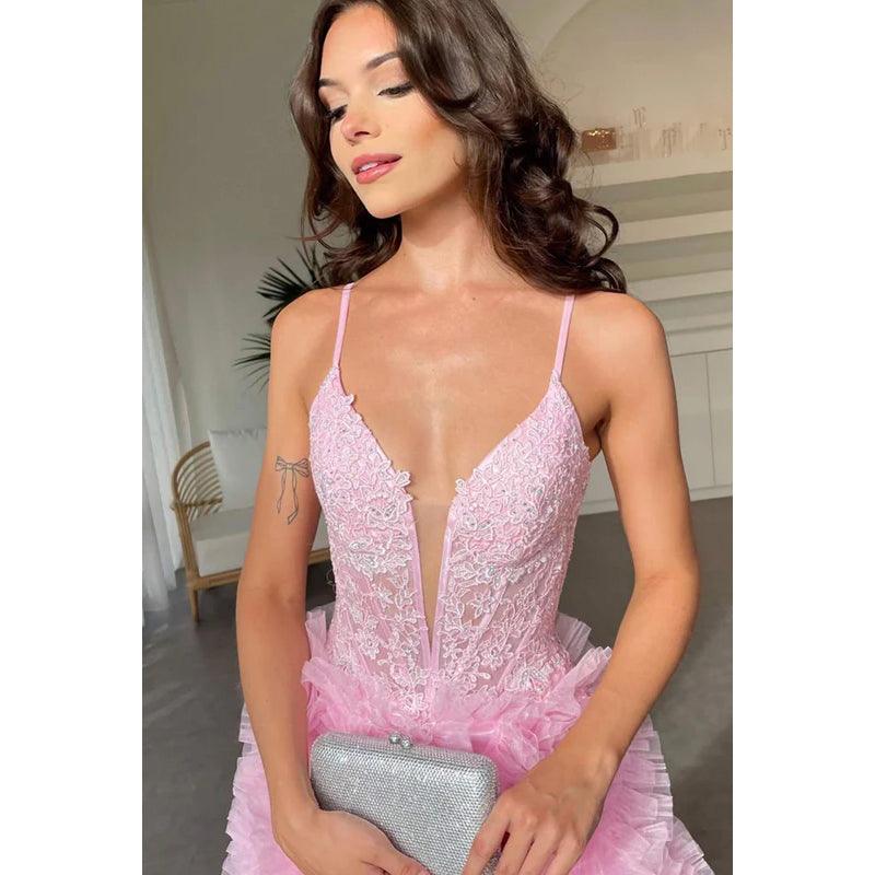 Glamouröses und dramatisches ärmelloses Abendkleid mit Spaghettiträgern, V-Ausschnitt und Schlitz, für Party und Ball