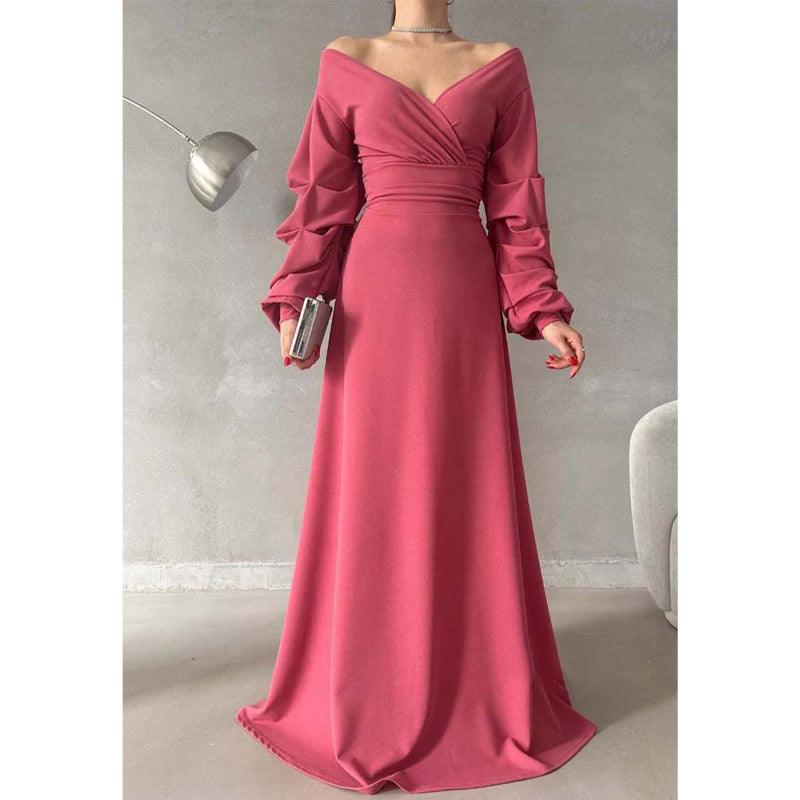 Vestido de fiesta largo sencillo con escote en V, hombros descubiertos y mangas abullonadas 