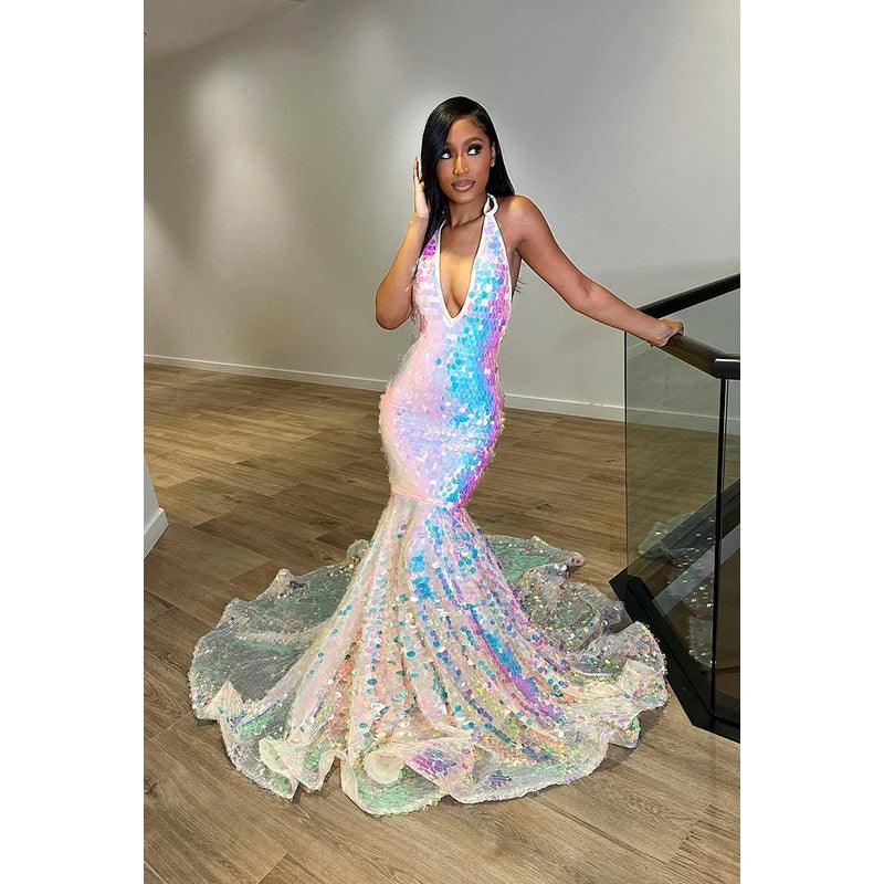 Vestido formal de noche de graduación con escote en V, sin mangas, espalda descubierta y lentejuelas, corte trompeta/sirena
