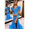 Sexy V-neck Sequins Appliques Feathers Mermaid Long Prom Dress with Slit