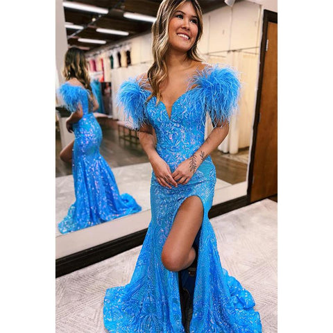 Sexy V-neck Sequins Appliques Feathers Mermaid Long Prom Dress with Slit