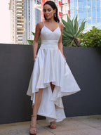 Vestidos de novia Corte A/Princesa Satén Fruncido Cuello en V Sin mangas Asimétrico