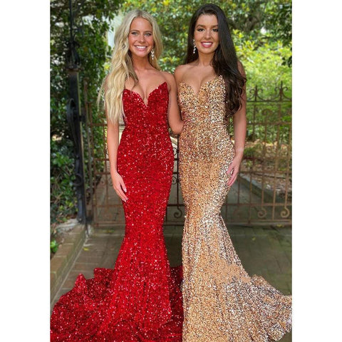 Sexy V-neck Sequins Mermaid Prom Dress Glitter