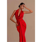 Vestido de fiesta formal largo de sirena rojo plisado con escote en V sexy