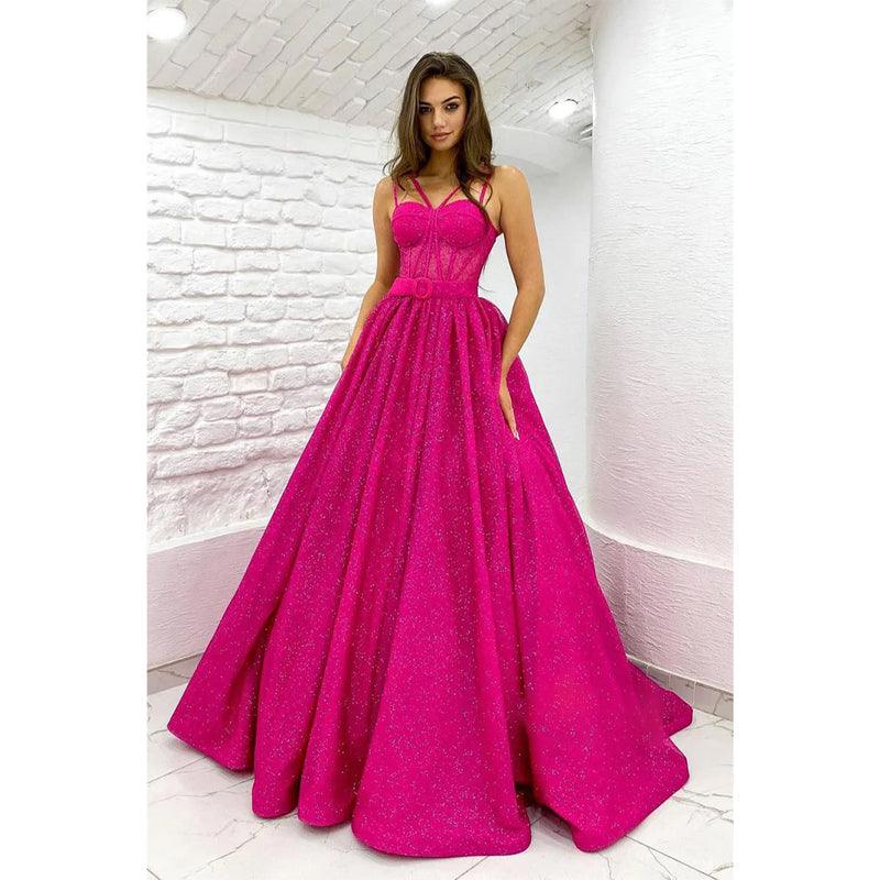 Vestido de fiesta brillante con tirantes finos y bolsillos para mujer 