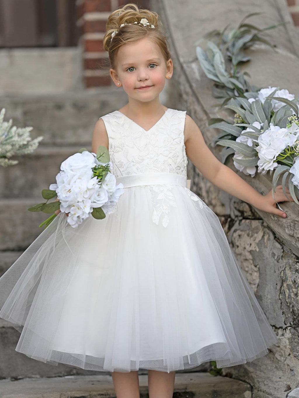 Vestido de niña de las flores sin mangas con encaje de tul hasta la rodilla 