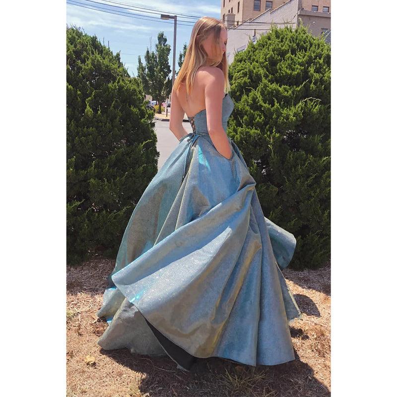 Vestido de fiesta largo con escote corazón, plisado y brillante, con bolsillos, vestido de noche formal 