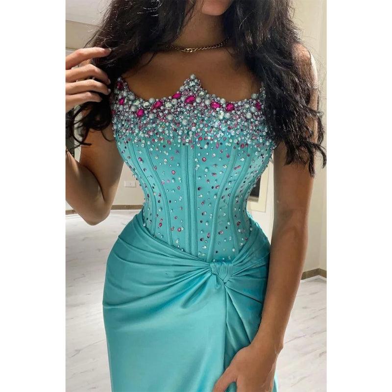 Etui-Linie/Säule, trägerlos, blau, mit Perlen besetzt, lang, formelles Abendkleid 