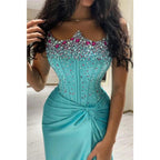 Etui-Linie/Säule, trägerlos, blau, mit Perlen besetzt, lang, formelles Abendkleid 